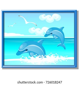 Wall-mounted image of a seascape and floating dolphins and albatrosses isolated on white background. The wildlife and inhabitants of the seas and oceans. Vector cartoon close-up illustration.