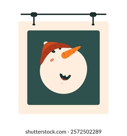 A wall-mounted poster featuring a festive snowman's white head in a red hat, smiling. A minimalist green poster with a white frame on a light background. Illustration of a snowman in a flat style.