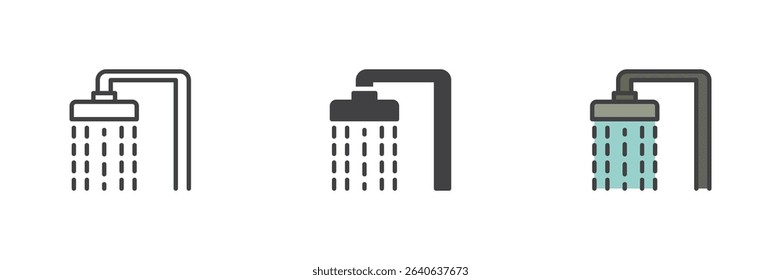 Wall-mounted shower head spraying water icon in three vector styles: line, solid, and filled outline colorful. Bathroom hygiene symbol icon.