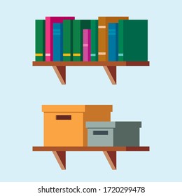 Wall-mounted wooden shelves with with cardboard boxes and books. Flat style vector illustration.