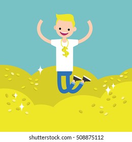 Wallow in money conceptual illustration: young lucky blond boy jumping on the pile of golden coins / editable flat vector clip art