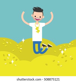 Wallow in money conceptual illustration: young lucky bearded man jumping on the pile of golden coins / editable flat vector clip art
