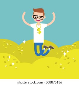 Wallow in money conceptual illustration: young lucky geek jumping on the pile of golden coins / editable flat vector clip art