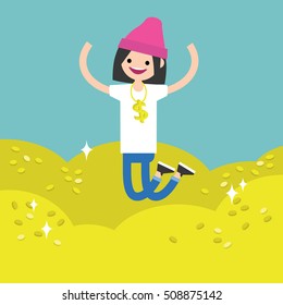 Wallow in money conceptual illustration: young lucky brunette girl jumping on the pile of golden coins / editable flat vector clip art