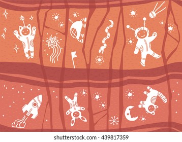 The wall-paintings. Cave drawings. Astronauts. Mars rover. Seamless pattern in the Martian children's style. Vector hand-drawn sketch.