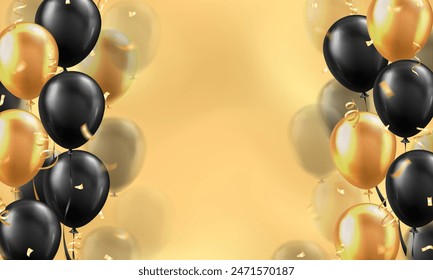 Wallpaper with 3d realistic black glossy balloons and golden confetti on yellow blurred background with blank space for greeting text. Banner design for birthday, celebration party, sale, opening