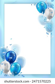 Fondo de pantalla con globos brillantes azules y blancos realistas 3d y decoración de confeti con espacio en blanco para texto de saludo. Diseño de Anuncio para cumpleaños, fiesta de celebración, venta, evento de apertura, invitación