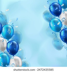 Wallpaper with 3d realistic blue and white glossy balloons and confetti decoration with blank space for greeting text. Banner design for birthday, celebration party, sale, opening event, invitation