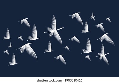 Wallpaper with abstract flying birds or dragonflies, minimalism, flat, modern