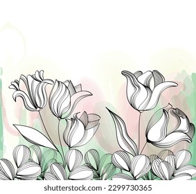 
Wallpaper abstract hand drawn, outline floral pattern background with flowers, tulips. Vector illustration. Botanical, decorative flower elements template for greeting card, invitation card, birthday