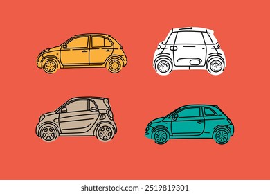 Fondo de pantalla estético, pantalla de bloqueo automotriz de moda, Ilustraciones vectoriales para impresiones de ropa y otros usos. Coches dibujados a mano.