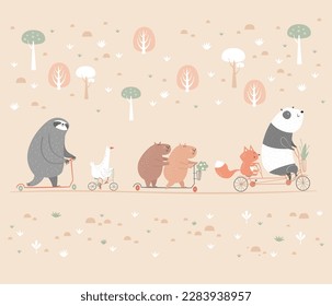 Сhildren's wallpaper with animals. Panda on a bike, capybaras on a scooter, goose and sloth. Vector illustration.