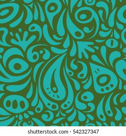 Wallpaper with antique floral medieval baroque abstract doodles and ornaments. Damask pattern with doodles in baroque style. Baroque damask vintage green and blue vector seamless pattern background.