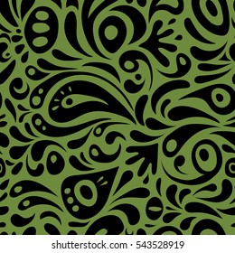 Wallpaper with antique floral medieval baroque abstract doodles and ornaments. Damask pattern in baroque style. Baroque damask vintage green and black vector seamless pattern background.