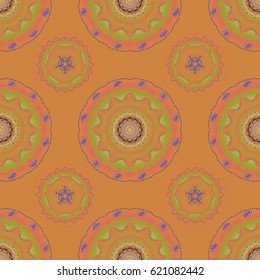 Wallpaper with antique medieval baroque abstract flowers and ornaments. Damask pattern in baroque style. Baroque damask vintage orange and violet vector seamless pattern background.