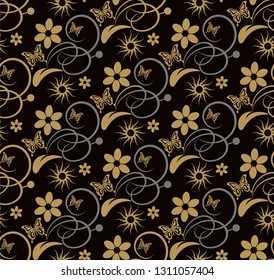 Wallpaper background pattern with flowers and butterflies on a dark background for your design. Vector graphics.