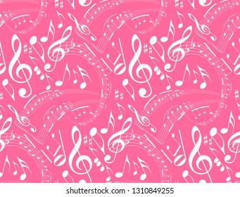 Wallpaper background pink seamless pattern with musical notes for your design. Vector graphics.