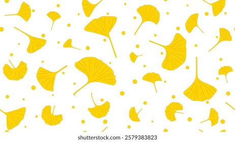 Wallpaper, background, poster, banner, botanical card with yellow ginkgo biloba leaves flat design. minimal