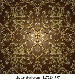 Wallpaper baroque, damask. Floral pattern. Stylish graphic pattern. Golden elements on brown, beige and yellow colors. Ornamental vector background.