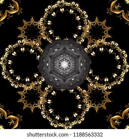 Wallpaper baroque, damask. Floral pattern. Stylish graphic pattern. Golden elements on black, gray and brown colors. Seamless vector background.