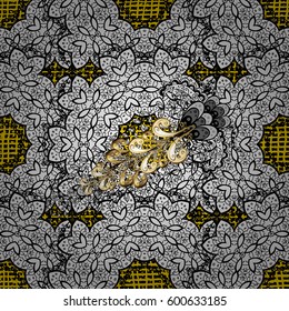 Wallpaper baroque, damask. Floral pattern. Golden elements on yellow background. Vector background. Stylish graphic pattern.