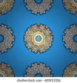 Wallpaper baroque, damask. Floral pattern. Golden elements on blue background. Seamless vector background. Stylish graphic pattern.