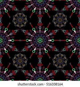 Wallpaper baroque, damask. Floral seamless pattern. Green, neutral and blue ornament on a black background. Seamless background.