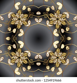 Wallpaper baroque, damask. Golden elements on brown, yellow and beige colors. Stylish graphic pattern. Ornamental raster background. Floral pattern.