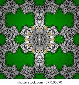 Wallpaper baroque, damask. Golden elements on green background. Stylish graphic pattern. Vector background. Floral pattern.