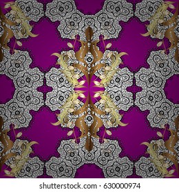 Wallpaper baroque, damask. Golden elements on magenta background. Floral pattern. Stylish graphic pattern. Seamless vector background.