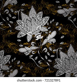 Wallpaper baroque, damask. Golden elements on black, white and brown colors. Stylish graphic pattern. Seamless vector background. Floral pattern.