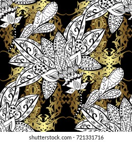 Wallpaper baroque, damask. Golden elements on white, black and gray colors. Seamless vector background. Floral pattern. Stylish graphic pattern.