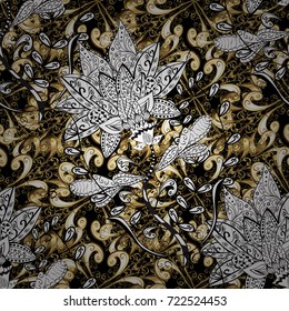 Wallpaper baroque, damask. Golden elements on black, white and beige colors. Floral pattern. Stylish graphic pattern. Seamless vector background.