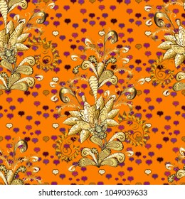 Wallpaper baroque, damask. Graphic modern seamless pattern on orange, brown and yellow colors. Seamless vector background. Seamless floral pattern.
