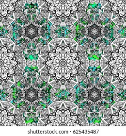 Wallpaper baroque, damask. Green elements on stripes background. Floral pattern. Stylish graphic pattern. Seamless vector background.