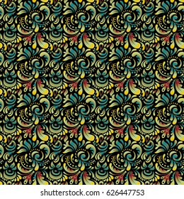 Wallpaper baroque, damask. Multicolor ornament on black background. Seamless background. Floral seamless pattern.