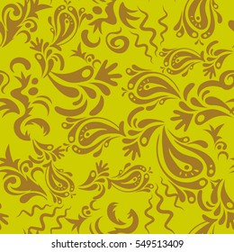 Wallpaper baroque, damask. Seamless background. Floral seamless pattern. Yellow and brown ornament.