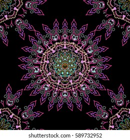 Wallpaper baroque, damask. Seamless background. Floral seamless pattern. Pink and blue ornament on a black background.