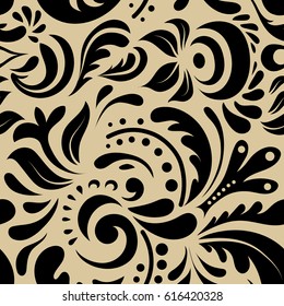 Wallpaper baroque, damask. Seamless background. Doodle seamless pattern. Monochrome ornament on beige background.