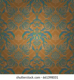 Wallpaper baroque, damask. Seamless background. Floral seamless pattern. Blue and orange ornament.