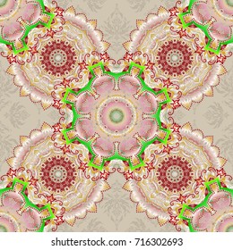 Wallpaper baroque, damask. Seamless background. Floral seamless pattern. Pink and green ornament.