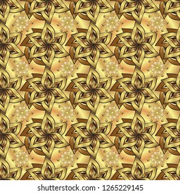 Wallpaper baroque, damask. Seamless vector background. Floral pattern. Golden elements on beige and yellow colors. Stylish graphic pattern.
