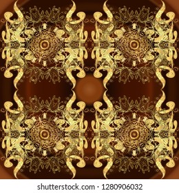 Wallpaper baroque, damask. Seamless vector background. Floral pattern. Golden elements on yellow and brown colors. Stylish graphic pattern.