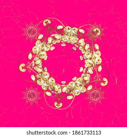 Papel de escritorio barroco, damasco. Fondo vectorial impecable. Patrón floral. Elementos dorados de colores marrón y magenta. Patrón gráfico elegante.