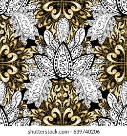 Wallpaper baroque, damask. Seamless vector background with white doodles. Seamless pattern floral pattern. Graphic modern pattern.