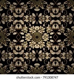 Wallpaper baroque, damask. Seamless vector background. Floral pattern. Golden elements on black colors. Stylish graphic pattern.