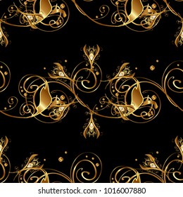 Wallpaper baroque, damask. Stylish graphic pattern. Seamless vector background. Golden elements on black and yellow colors. Floral pattern.
