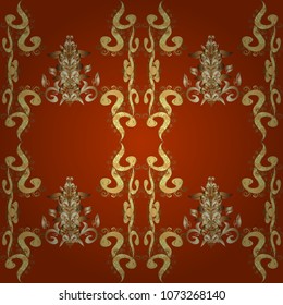 Wallpaper baroque, damask. Stylish graphic pattern. Golden elements on orange, yellow and brown colors. Floral pattern. Seamless vector background.