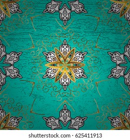 Wallpaper baroque, damask. Stylish graphic pattern. Floral pattern. Vector background. Golden elements on blue background.