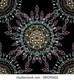 Wallpaper baroque, seamless vector background, yellow, green and gray on black background. Floral seamless pattern.